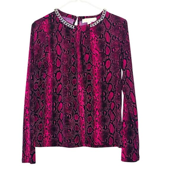 Michael Michael Kors Snakeskin Print Chain Neck Long Sleeve Top Pink Size Small - Picture 1 of 5